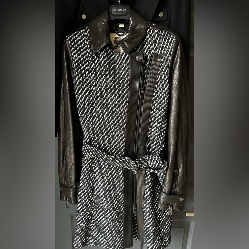 Burberry Black Leather Sleeves Wool Tweed Coat